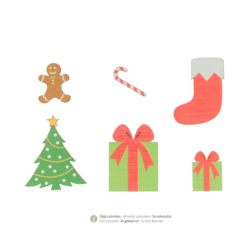 6 houten gekleurde silhouetten Kerst - Artemio