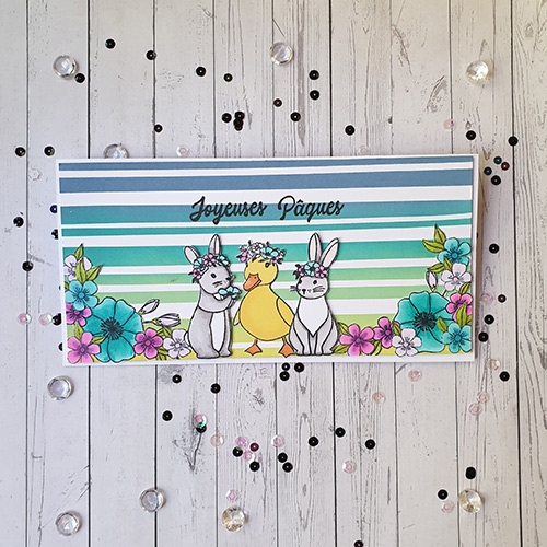 scrapbooking comment réaliser une carte Joyeuses Pâques avec des tampons et des feutres aquarelles