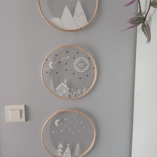 Home déco Noël, Réalisez un triptyque à base de rhodoïd et de cercles en osier.